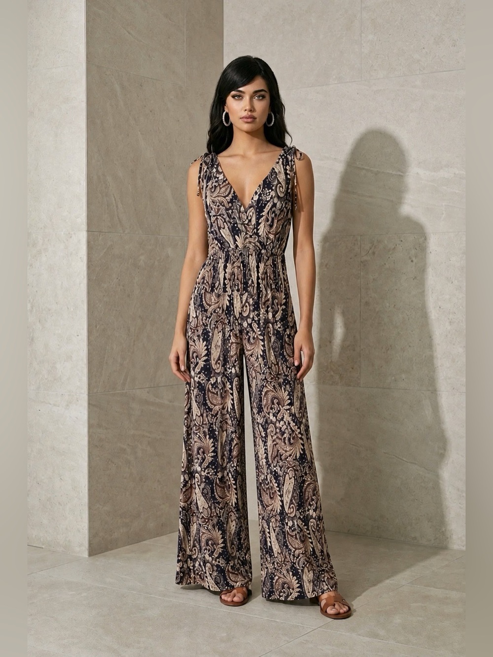 LASCANA VENUS Paisley V-Neck Tie-Shoulder Wide-Leg Jumpsuit in Brown and Black
